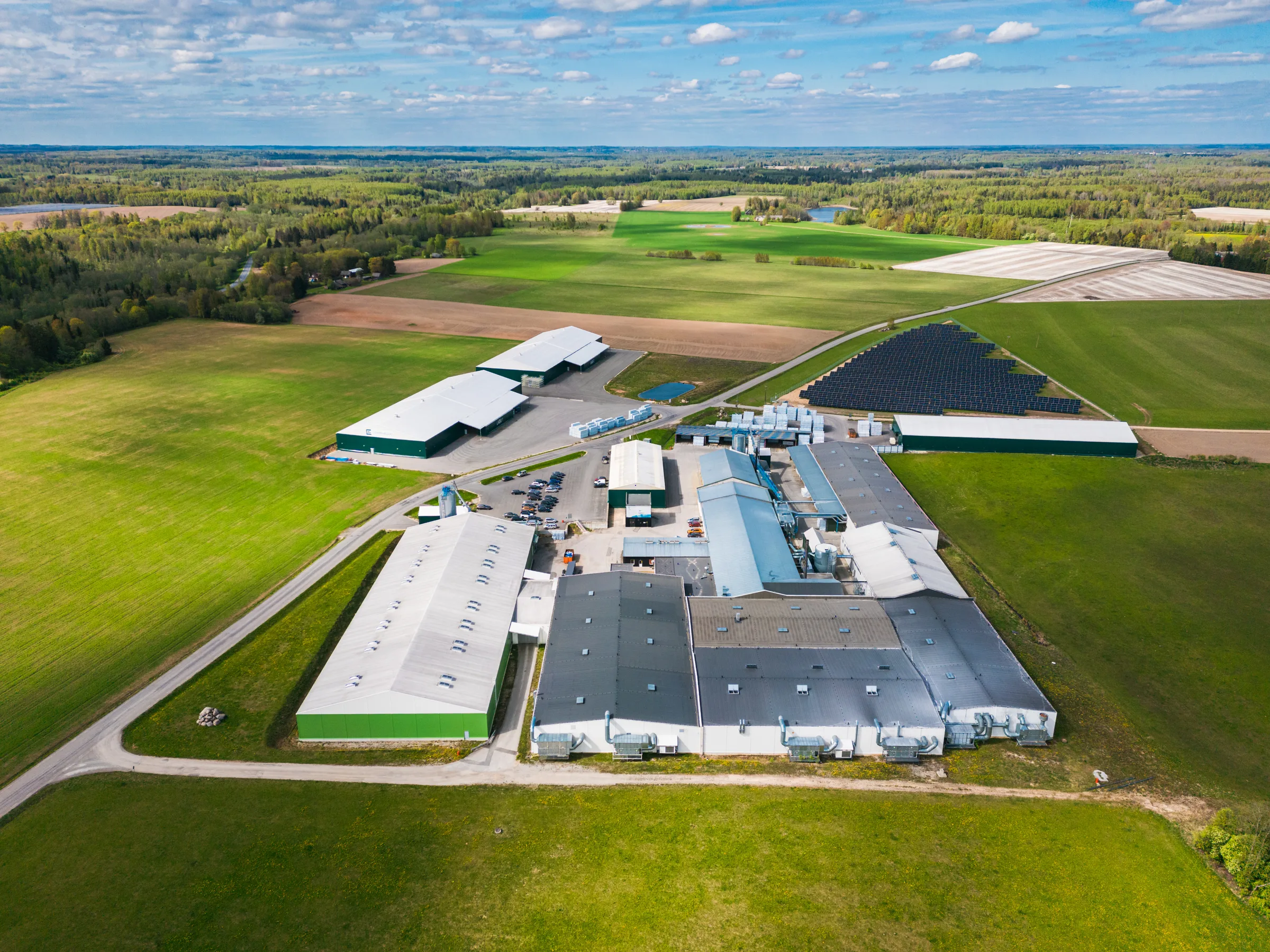 Aerial view of the Combiwood factory with solar panels